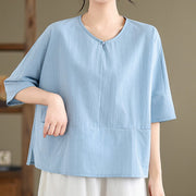 Buddha Stones Casual Plain Women's Half Sleeve Cotton Polyester T-shirt With Pockets - image 4