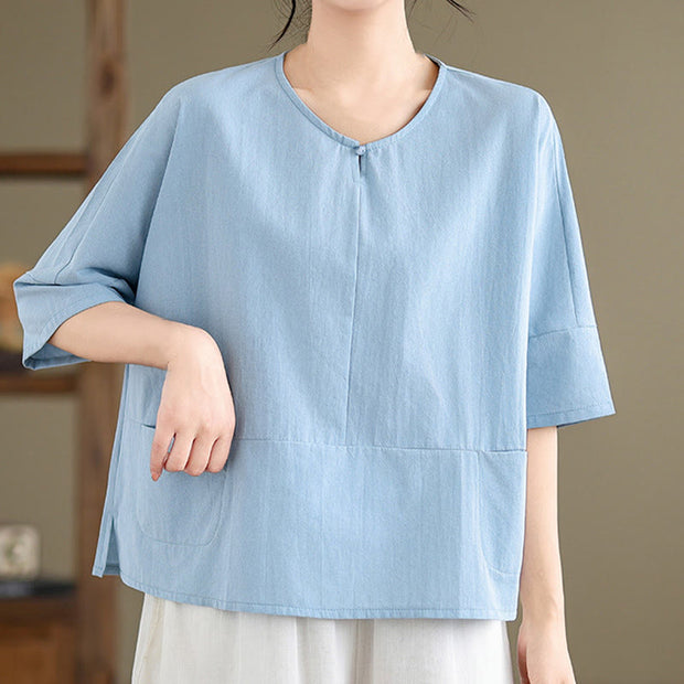 Buddha Stones Casual Plain Women's Half Sleeve Cotton Polyester T-shirt With Pockets - image 4
