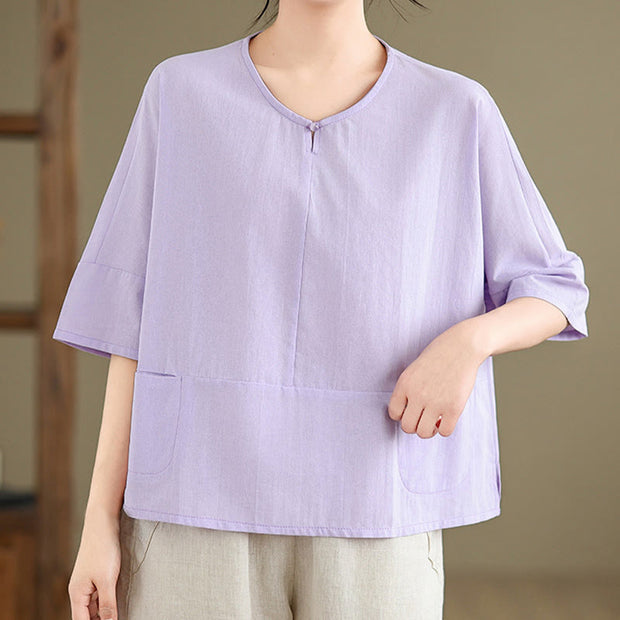 Buddha Stones Casual Plain Women's Half Sleeve Cotton Polyester T-shirt With Pockets - Thistle - US14，UK/AU18，EU46 (2XL) - image 7