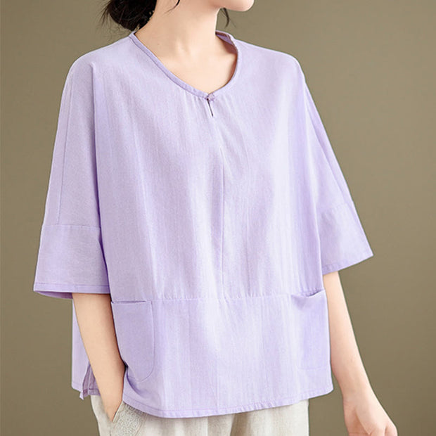 Buddha Stones Casual Plain Women's Half Sleeve Cotton Polyester T-shirt With Pockets - image 10