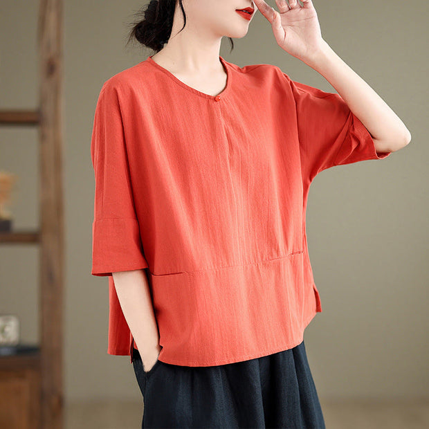 Buddha Stones Casual Plain Women's Half Sleeve Cotton Polyester T-shirt With Pockets - image 13