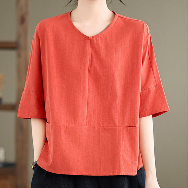 Buddha Stones Casual Plain Women's Half Sleeve Cotton Polyester T-shirt With Pockets - image 17