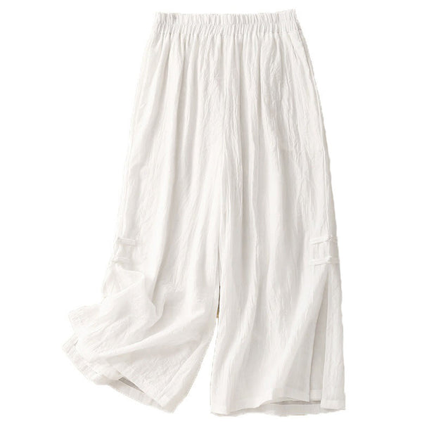 Buddha Stones Frog-Button Hem Slit Design Women's Wide Leg Cotton Linen Pants With Pockets - image 14