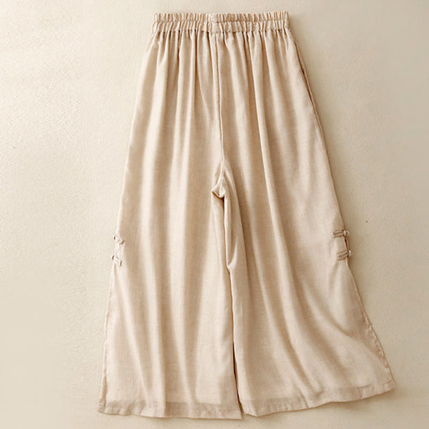 Buddha Stones Frog-Button Hem Slit Design Women's Wide Leg Cotton Linen Pants With Pockets - image 2