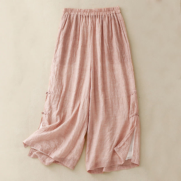 Buddha Stones Frog-Button Hem Slit Design Women's Wide Leg Cotton Linen Pants With Pockets - LightPink - US8-10，UK/AU12-14，EU40-42 (2XL) - image 15