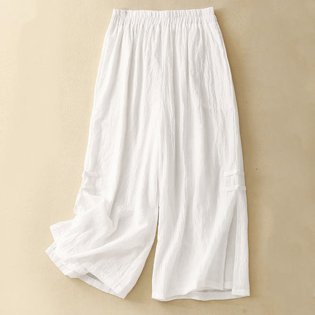 Buddha Stones Frog-Button Hem Slit Design Women's Wide Leg Cotton Linen Pants With Pockets - White - US8-10，UK/AU12-14，EU40-42 (2XL) - image 9