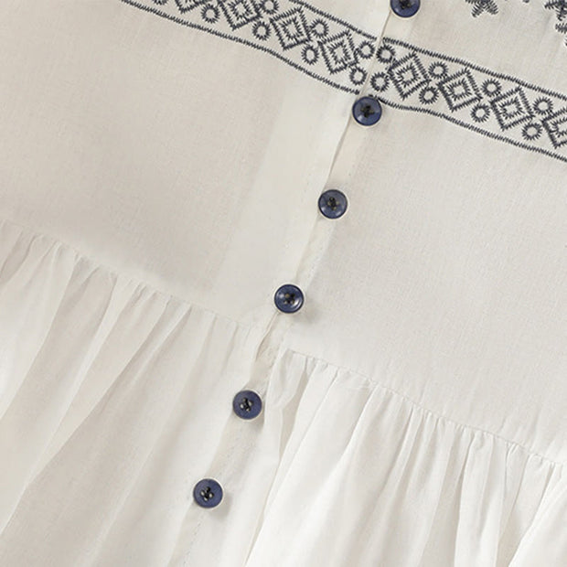 Buddha Stones Casual Embroidery Pleated Buttons Long Lantern Sleeve Women's Cotton Shirt - image 6