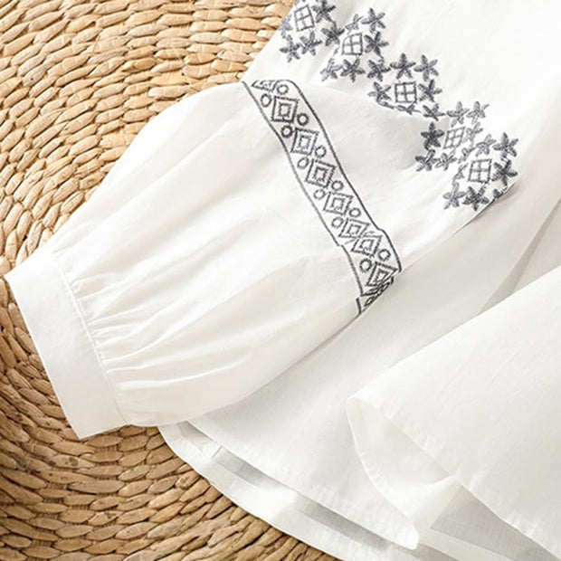 Buddha Stones Casual Embroidery Pleated Buttons Long Lantern Sleeve Women's Cotton Shirt - image 7