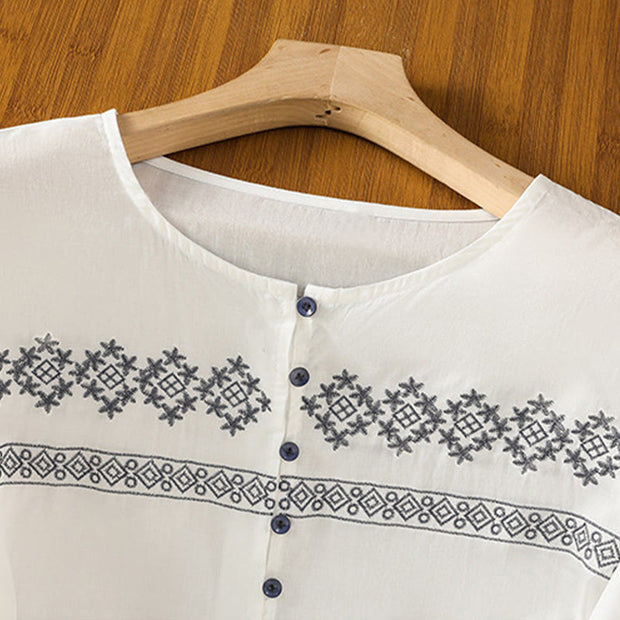 Buddha Stones Casual Embroidery Pleated Buttons Long Lantern Sleeve Women's Cotton Shirt - image 3