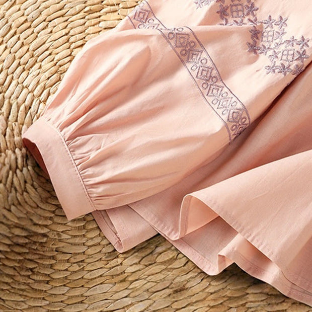 Buddha Stones Casual Embroidery Pleated Buttons Long Lantern Sleeve Women's Cotton Shirt - image 16