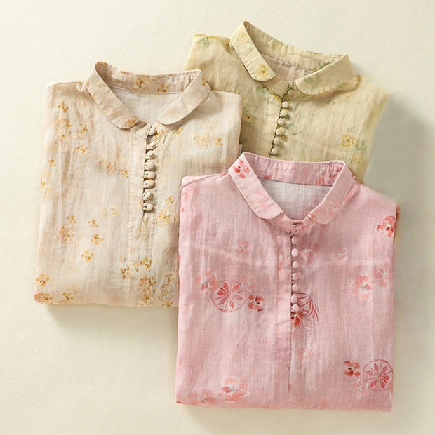 Buddha Stones Casual Printing Frog-Buttons Lapel Half Sleeve Women's Cotton Shirt - image 24