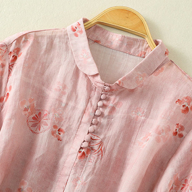 Buddha Stones Casual Printing Frog-Buttons Lapel Half Sleeve Women's Cotton Shirt - image 3