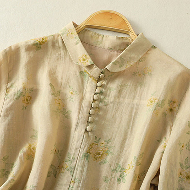Buddha Stones Casual Printing Frog-Buttons Lapel Half Sleeve Women's Cotton Shirt - image 19