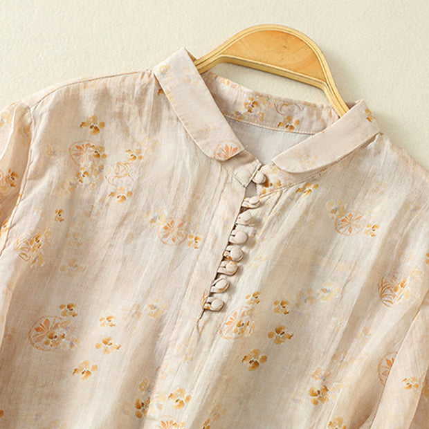 Buddha Stones Casual Printing Frog-Buttons Lapel Half Sleeve Women's Cotton Shirt - image 11
