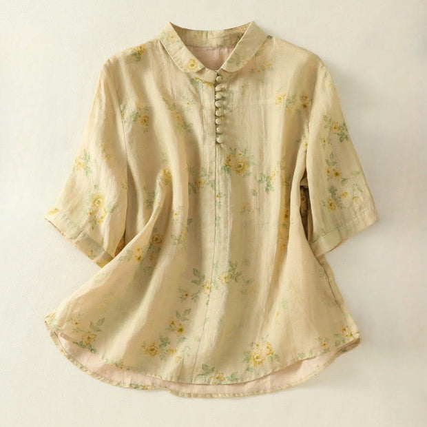 Buddha Stones Casual Printing Frog-Buttons Lapel Half Sleeve Women's Cotton Shirt - Khaki - US8-10，UK/AU12-14，EU40-42 (2XL) - image 17
