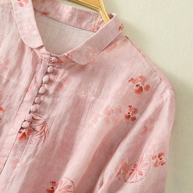 Buddha Stones Casual Printing Frog-Buttons Lapel Half Sleeve Women's Cotton Shirt - image 4