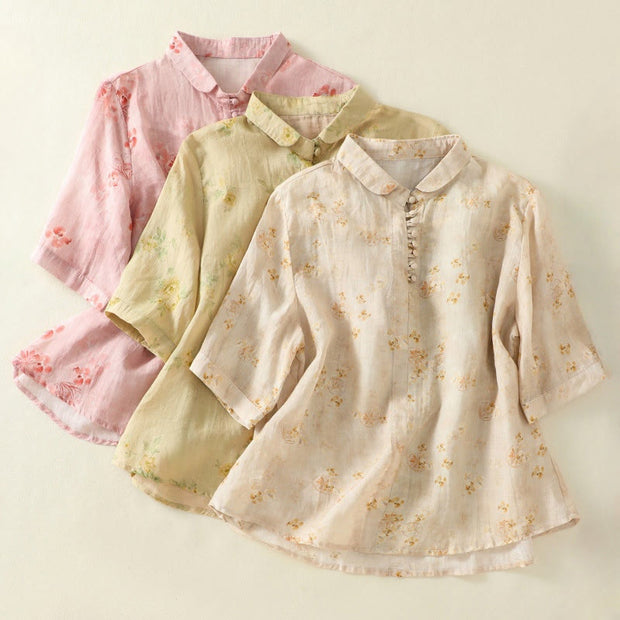 Buddha Stones Casual Printing Frog-Buttons Lapel Half Sleeve Women's Cotton Shirt - image 23
