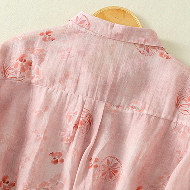 Buddha Stones Casual Printing Frog-Buttons Lapel Half Sleeve Women's Cotton Shirt - image 5