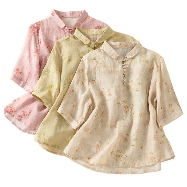 Buddha Stones Casual Printing Frog-Buttons Lapel Half Sleeve Women's Cotton Shirt - image 25