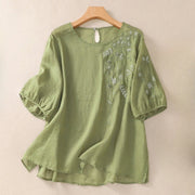 Buddha Stones Embroidery Floral Hem Slit Women's Cotton Linen T-Shirt - LimeGreen - US14，UK/AU18，EU46 (2XL) - image 1