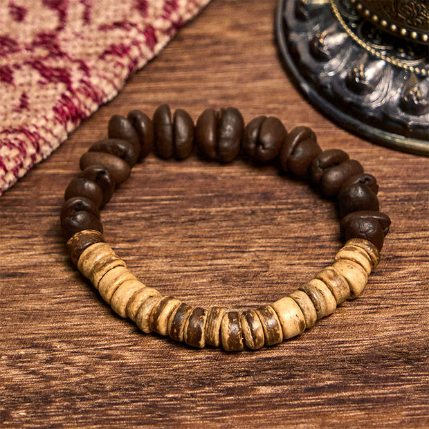 Buddha Stones Handmade Natural Coffee Beans Coconut Shell Happiness Bracelet - image 2
