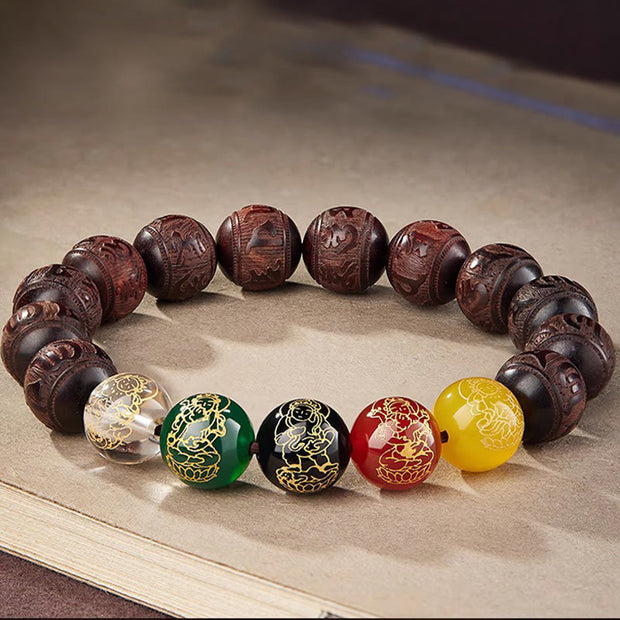 Buddha Stones Small Leaf Red Sandalwood Five Directions Gods of Wealth Calm Bracelet