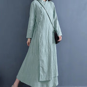 Buddha Stones Spring Casual Plain Frog-Button Design Side Lace-Up Cotton Linen Maxi Dress