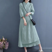 Buddha Stones Spring Casual Plain Frog-Button Design Side Lace-Up Cotton Linen Maxi Dress