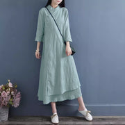 Buddha Stones Spring Casual Plain Frog-Button Design Side Lace-Up Cotton Linen Maxi Dress