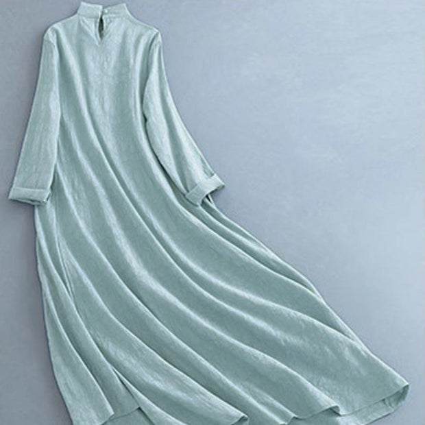 Buddha Stones Spring Casual Plain Frog-Button Design Side Lace-Up Cotton Linen Maxi Dress