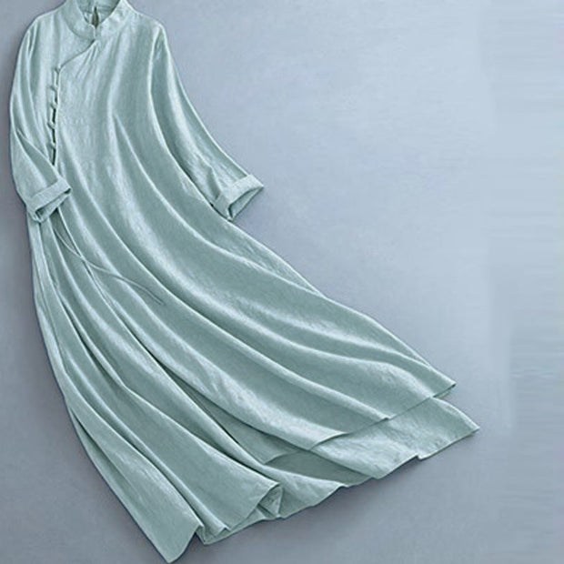 Buddha Stones Spring Casual Plain Frog-Button Design Side Lace-Up Cotton Linen Maxi Dress