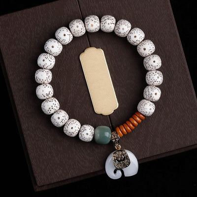 Buddha Stones Hand Polished Mani Bodhi Elephant Pattern Inner Peace Bracelet - White Mani Bodhi & White Elephant(Wrist Circumference: 14-16cm) - image 1