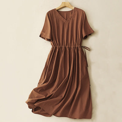 Buddha Stones Spring Plain V-neck Design Half Sleeve Cotton Linen Midi Dress With Pockets - Chocolate - US8-10，UK/AU12-14，EU40-42 (2XL) - image 1