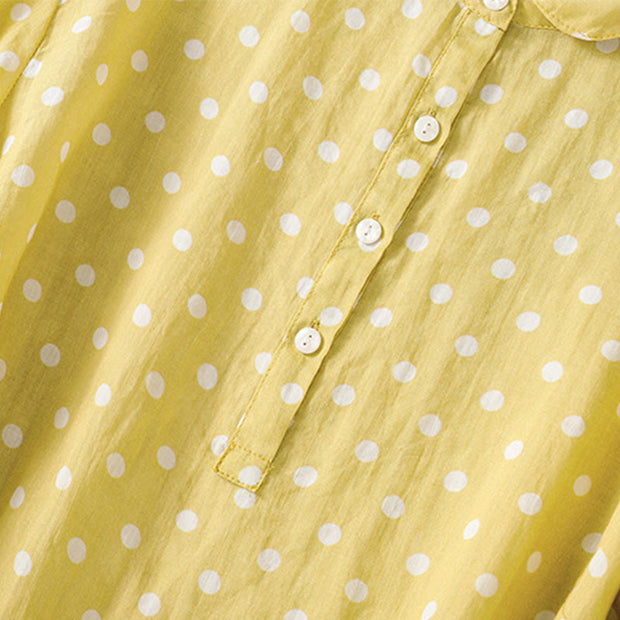 Buddha Stones Spring Polka Dot Button Stand Collar Polyester Midi Dress With Pockets - image 3