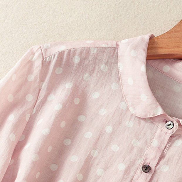 Buddha Stones Spring Polka Dot Button Stand Collar Polyester Midi Dress With Pockets - image 17