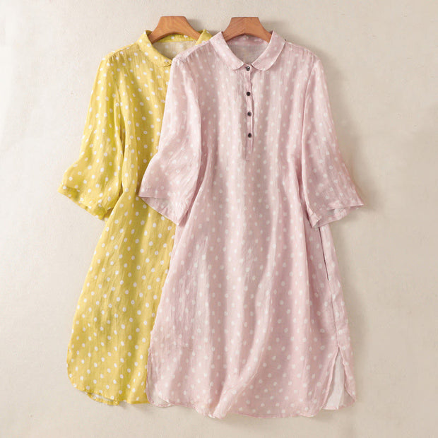 Buddha Stones Spring Polka Dot Button Stand Collar Polyester Midi Dress With Pockets - image 21