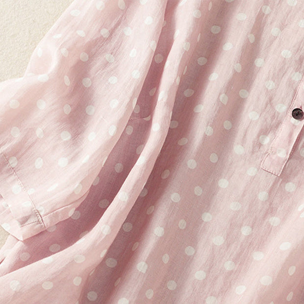Buddha Stones Spring Polka Dot Button Stand Collar Polyester Midi Dress With Pockets - image 16