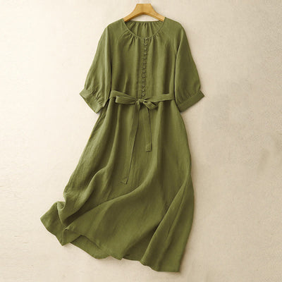 Buddha Stones Spring Plain Crew Neck Lace-up Half Sleeve Cotton Linen Midi Dress - OliveDrab - US14，UK/AU18，EU46 (2XL) - image 1