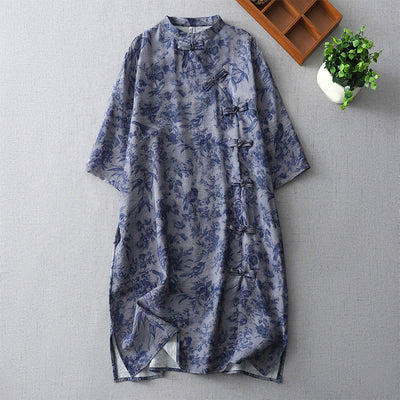 Buddha Stones Flower Leaf Print Frog-Button Half Sleeve Mandarin Collar Cotton Midi Dress - RoyalBlue - US8-10，UK/AU12-14，EU40-42 (2XL) - image 1