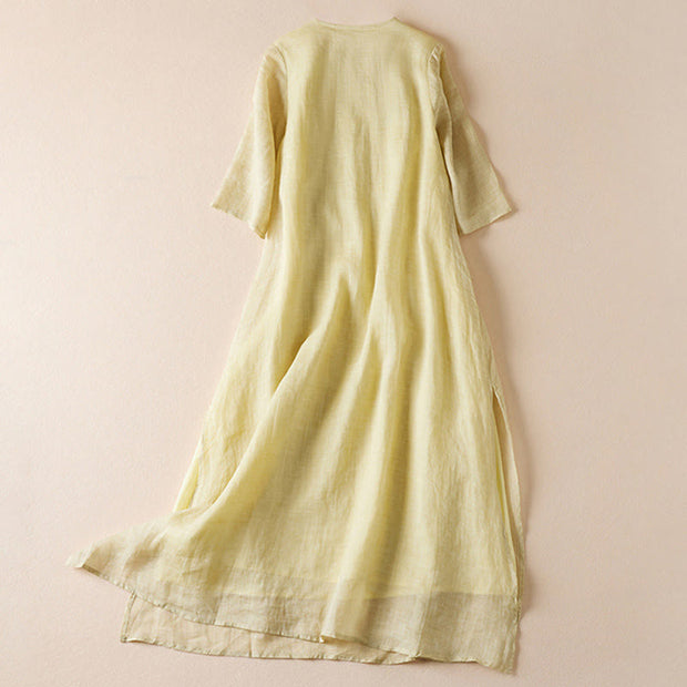 Buddha Stones Embroidered Leaf Crew Neck Half Sleeve Cotton Fiber Midi Dress - image 2