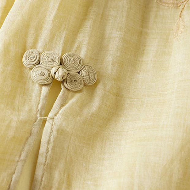 Buddha Stones Embroidered Leaf Crew Neck Half Sleeve Cotton Fiber Midi Dress - image 5