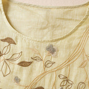 Buddha Stones Embroidered Leaf Crew Neck Half Sleeve Cotton Fiber Midi Dress - image 4