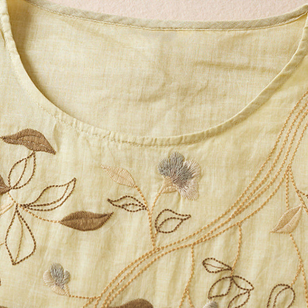 Buddha Stones Embroidered Leaf Crew Neck Half Sleeve Cotton Fiber Midi Dress - image 4