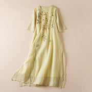 Buddha Stones Embroidered Leaf Crew Neck Half Sleeve Cotton Fiber Midi Dress - Khaki - US8-10，UK/AU12-14，EU40-42 (2XL) - image 1