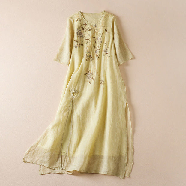 Buddha Stones Embroidered Leaf Crew Neck Half Sleeve Cotton Fiber Midi Dress - Khaki - US8-10，UK/AU12-14，EU40-42 (2XL) - image 1
