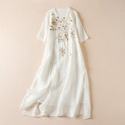 Buddha Stones Embroidered Leaf Crew Neck Half Sleeve Cotton Fiber Midi Dress - Snow - US8-10，UK/AU12-14，EU40-42 (2XL) - image 8