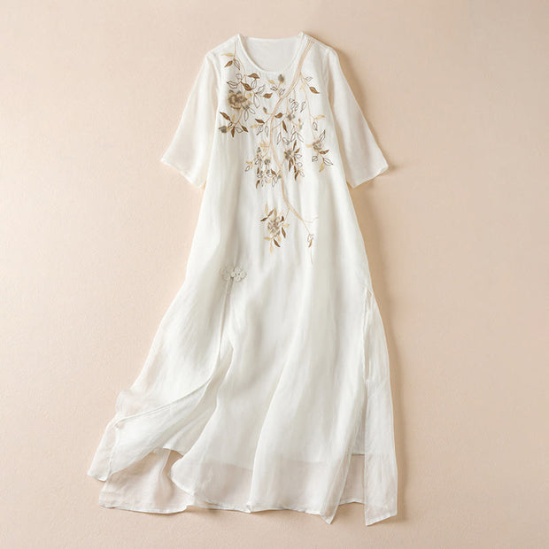 Buddha Stones Embroidered Leaf Crew Neck Half Sleeve Cotton Fiber Midi Dress - Snow - US8-10，UK/AU12-14，EU40-42 (2XL) - image 8