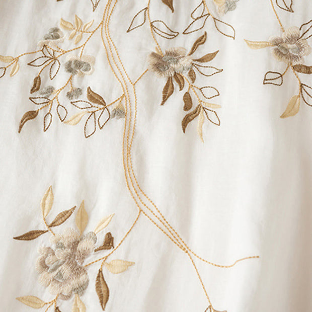 Buddha Stones Embroidered Leaf Crew Neck Half Sleeve Cotton Fiber Midi Dress - image 12