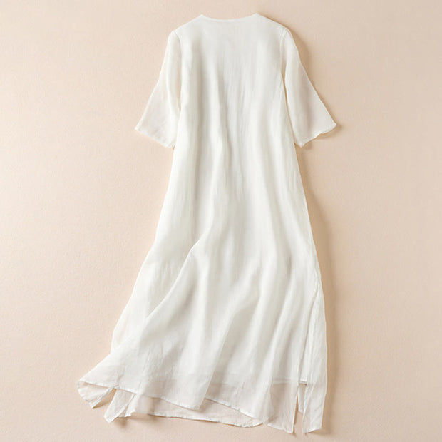 Buddha Stones Embroidered Leaf Crew Neck Half Sleeve Cotton Fiber Midi Dress - image 9