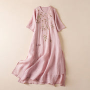Buddha Stones Embroidered Leaf Crew Neck Half Sleeve Cotton Fiber Midi Dress - Pink - US8-10，UK/AU12-14，EU40-42 (2XL) - image 15